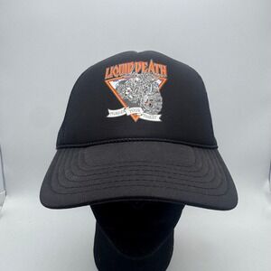 Liquid Death Murder Your Thirst Black Trucker Hat Skeletal Biker Snapback Cap